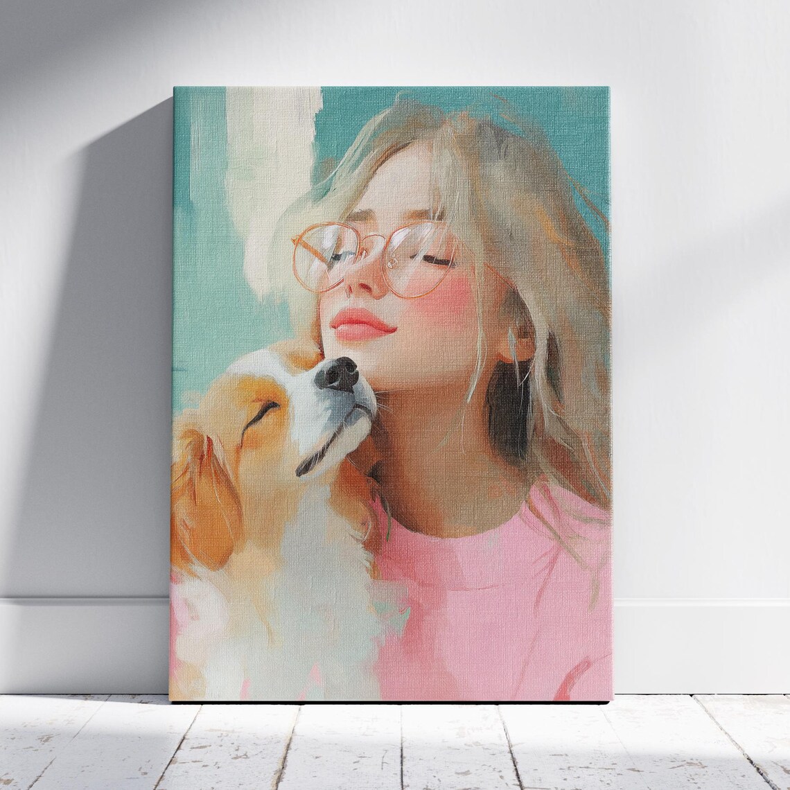 Smiling Woman Hugging Her Dog Sweet Pastel Pet Portrait Art Poster
