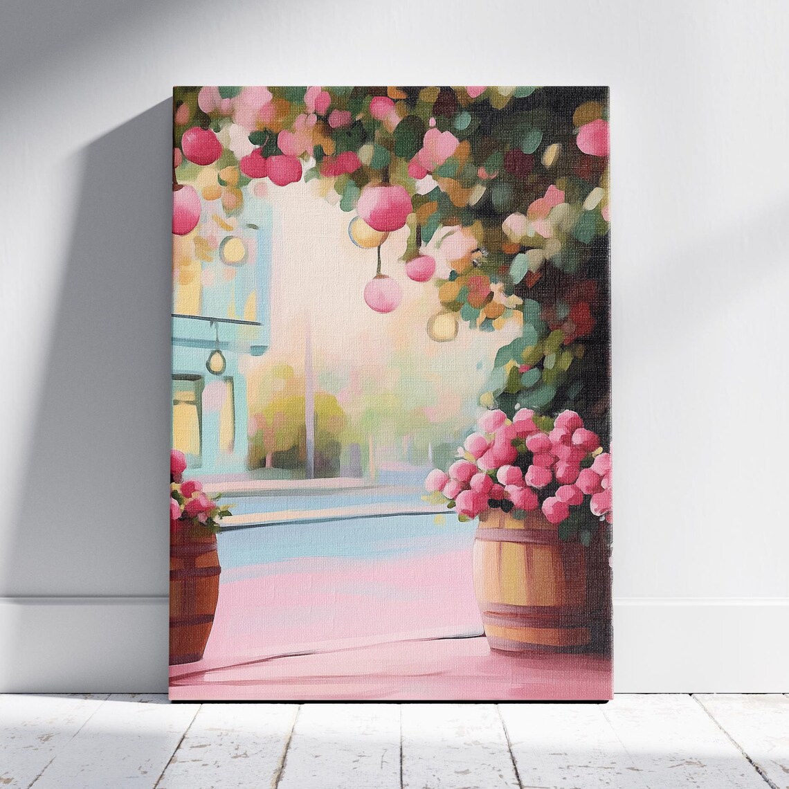 Pink Flower Canopy Over Garden Street with Lanterns Pastel Wall Poster