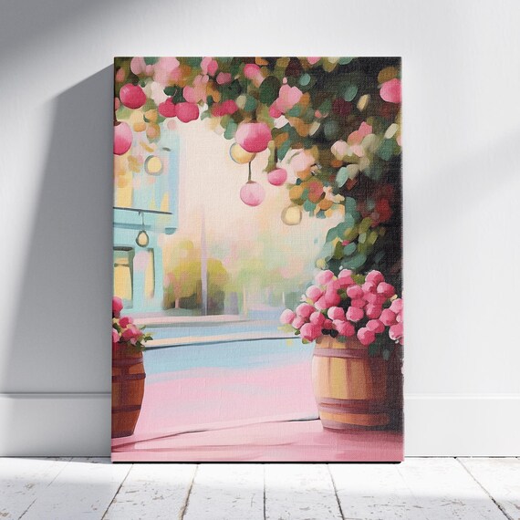 Pink Flower Canopy Over Garden Street with Lanterns Pastel Wall Poster