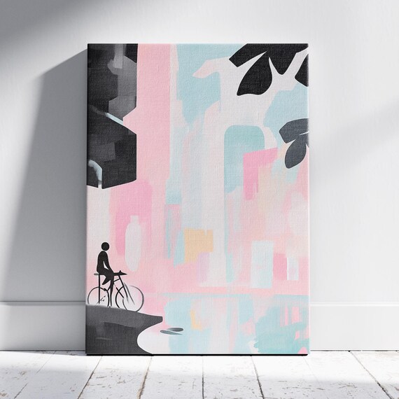 Minimalist Cyclist Silhouette Over Pastel City Water Art Poster