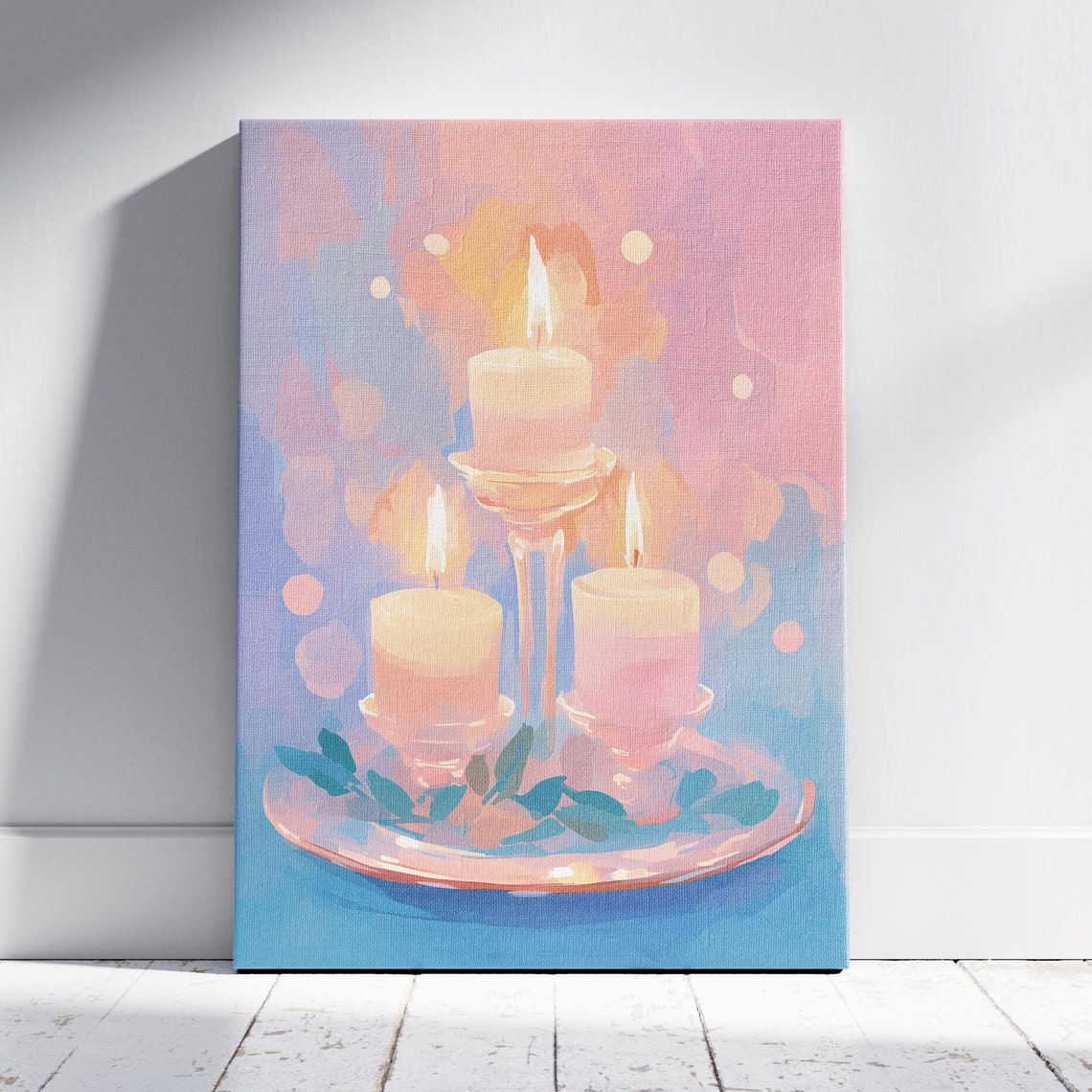 Three Glowing Candles On A Stand With Leaves Bokeh Glow Art Poster