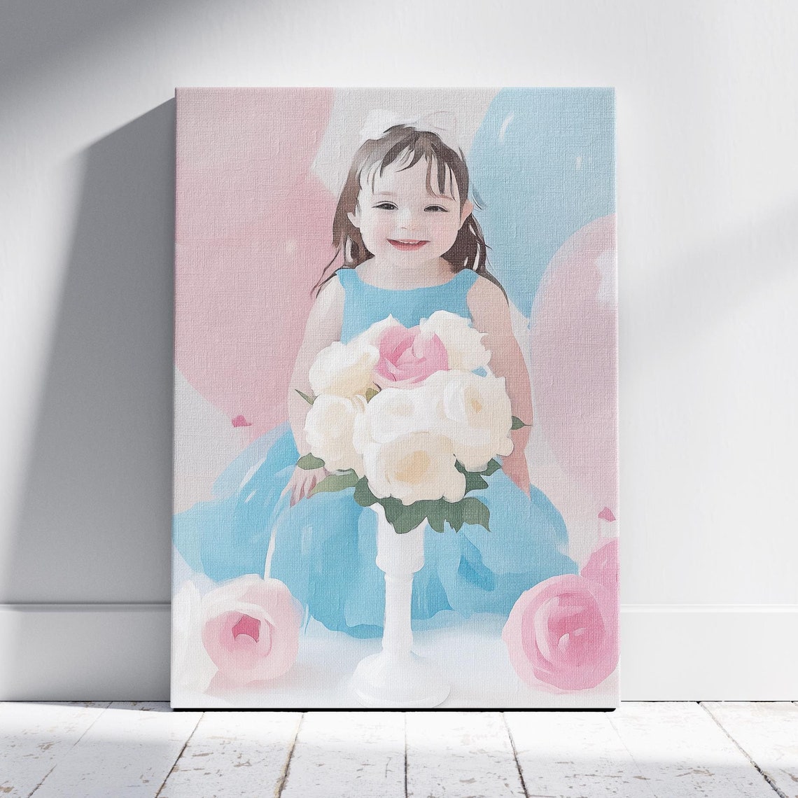 Little Girl With White Flower Bouquet Pastel Nursery Art Poster