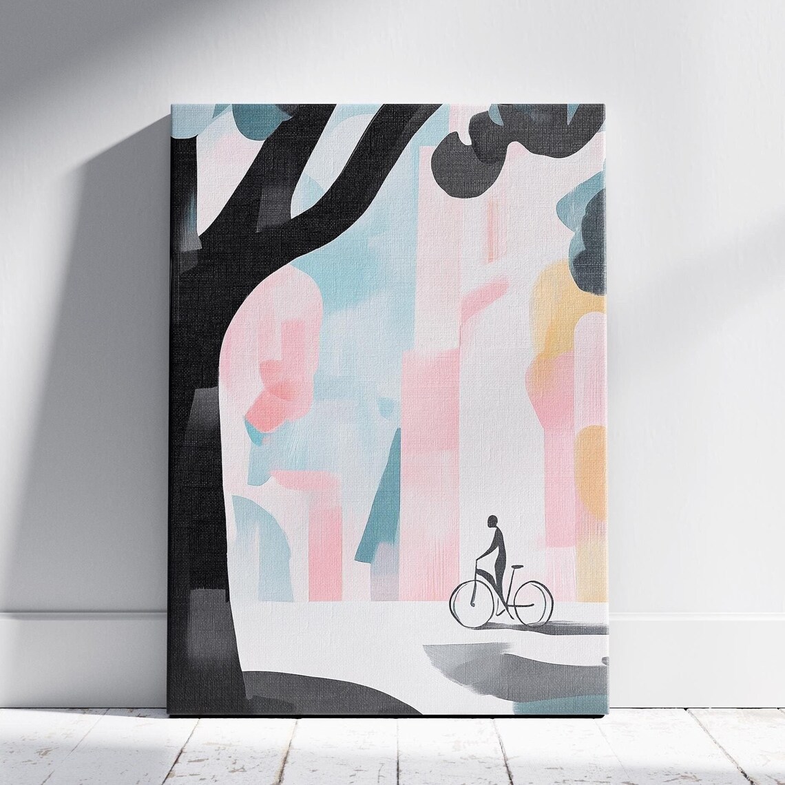 Silhouette Cyclist Under Big Tree Pastel City Street Art Poster