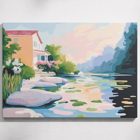 Lakeside House With Lily Pads Stepping Stones Peaceful Art Poster