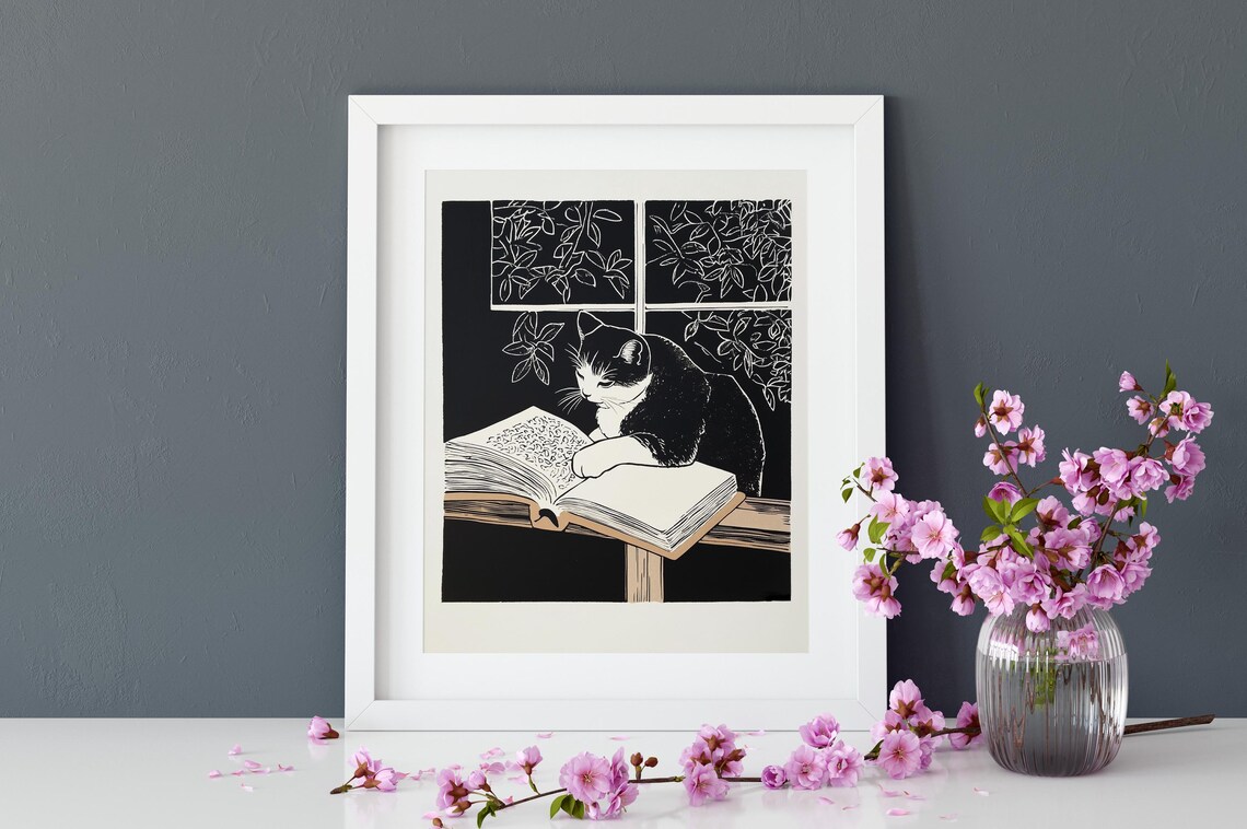 Cat Reading Book Art Print, Bookish Cat Poster - Image 2