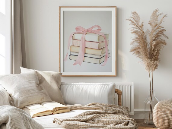 Coquette Stack of Books Tied with Pink Ribbon Bow Bookish Art Print
