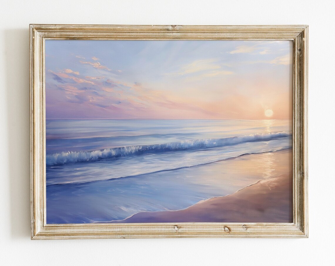Serene Ocean Sunset Waves Beach Oil Painting Coastal Wall Art