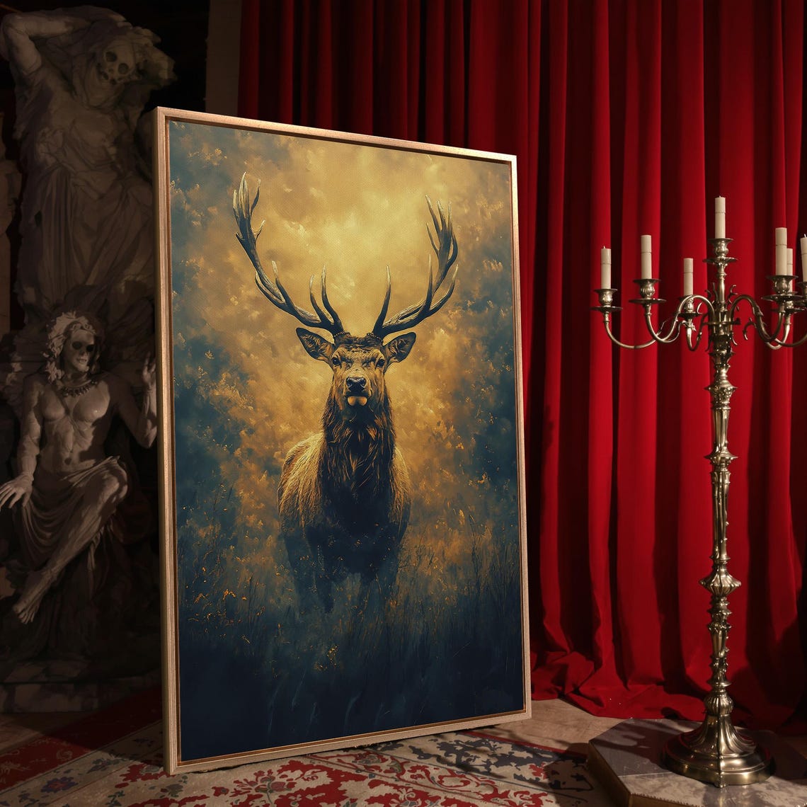 Majestic Stag Golden Antlers Smoky Amber Forest Wildlife Art Poster - Image 4