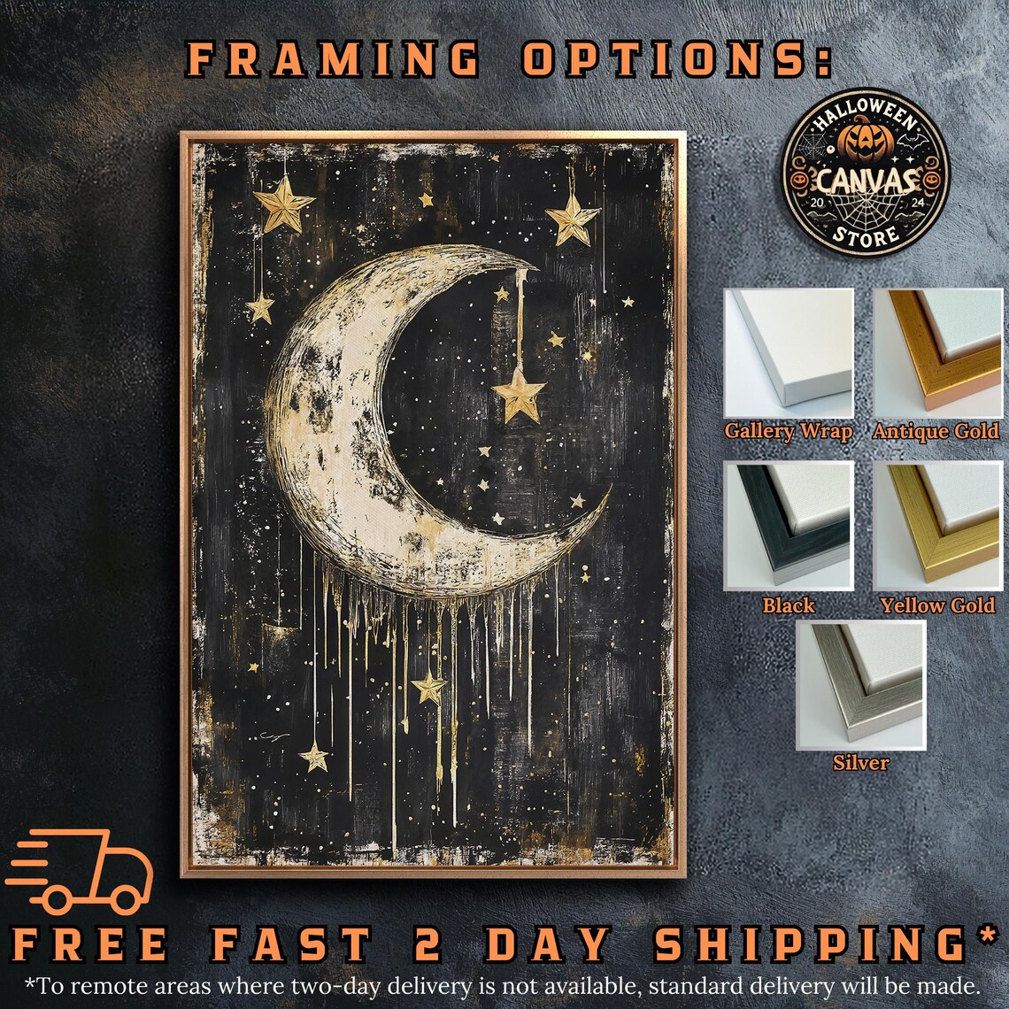 Crescent Moon With Hanging Gold Stars Dripping Black Celestial Art Poster - Image 5