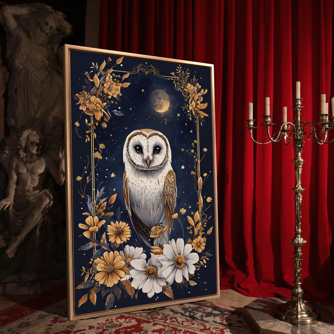 Barn Owl Under Crescent Moon In Golden Floral Border Night Starry Poster - Image 4