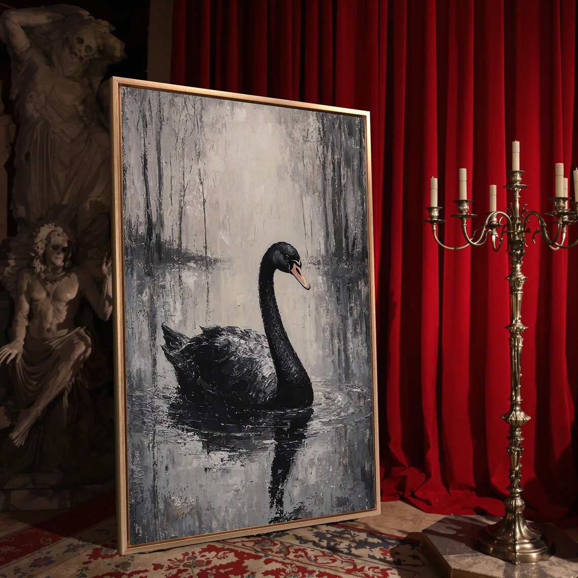 Black Swan Foggy Pond Gray Mist Dark Wildlife Serene Art Poster - Image 4