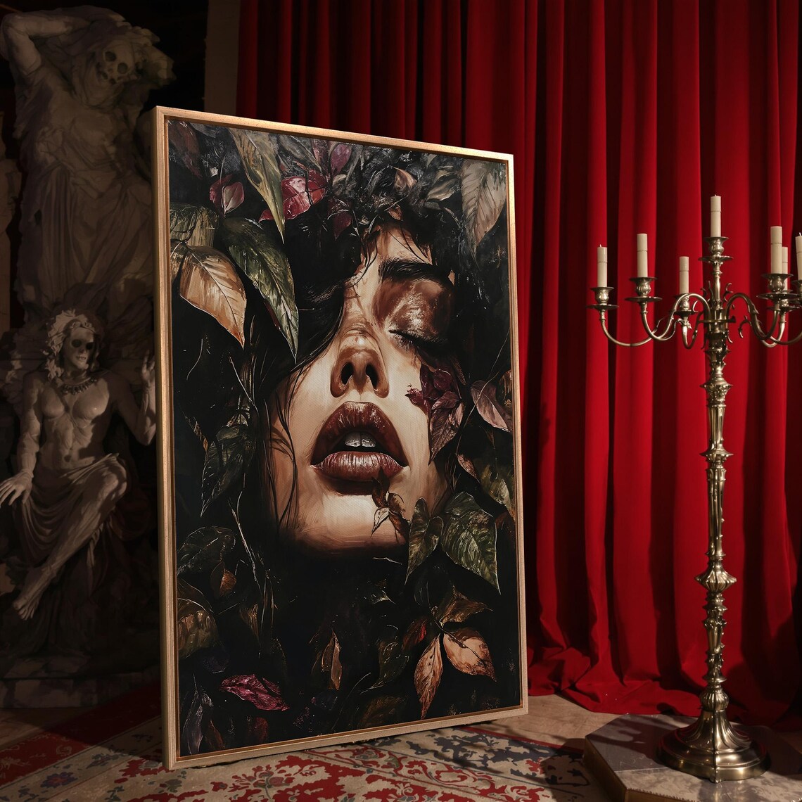 Woman Face With Closed Eyes Among Dark Leaves Red Lips Surreal Botanical Poster - Image 4