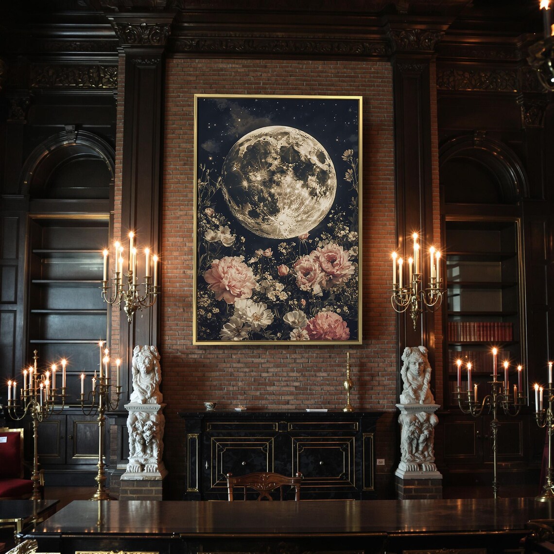 Full Moon Starry Night Pink Peonies Wildflowers Dark Romantic Floral Poster - Image 2