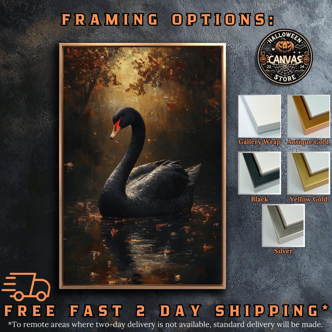 Black Swan Autumn Pond Golden Fall Leaves Dark Wildlife Art Poster - Image 5