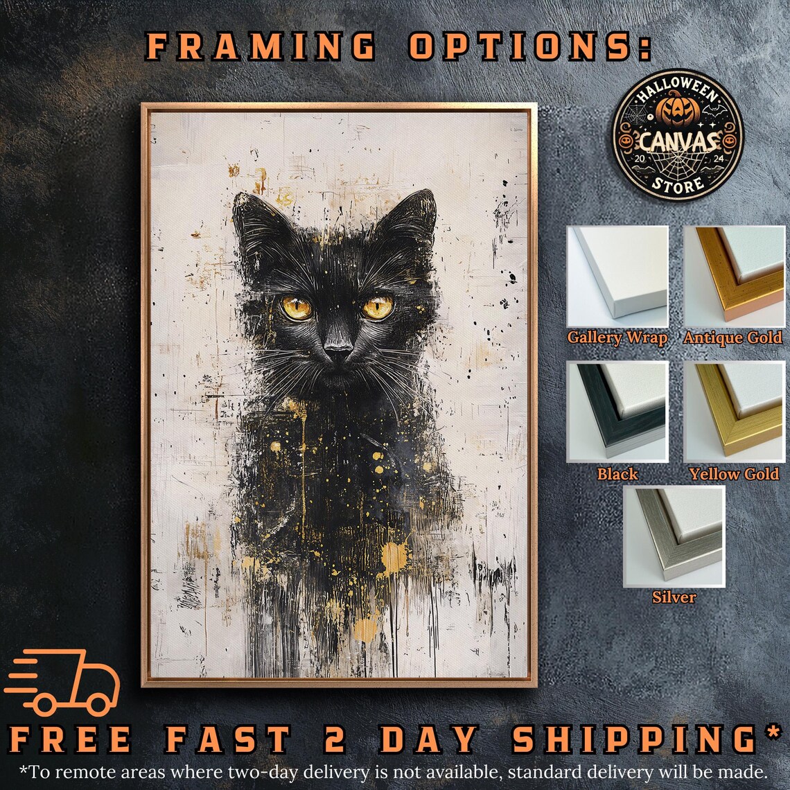 Black Cat Yellow Eyes Abstract Ink Gold Splatter Modern Feline Wall Art Poster - Image 5