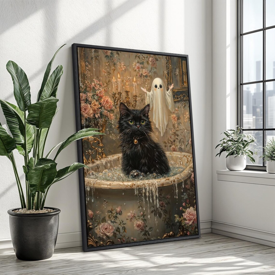 Black Cat Bath Tub Ghost Victorian Haunted Floral Cute Halloween Wall Poster - Image 3