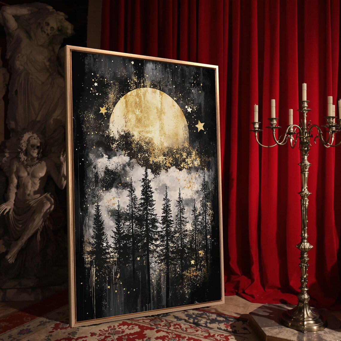 Full Golden Moon Stars Pine Forest Night Sky Dark Enchanted Wall Art Poster - Image 4