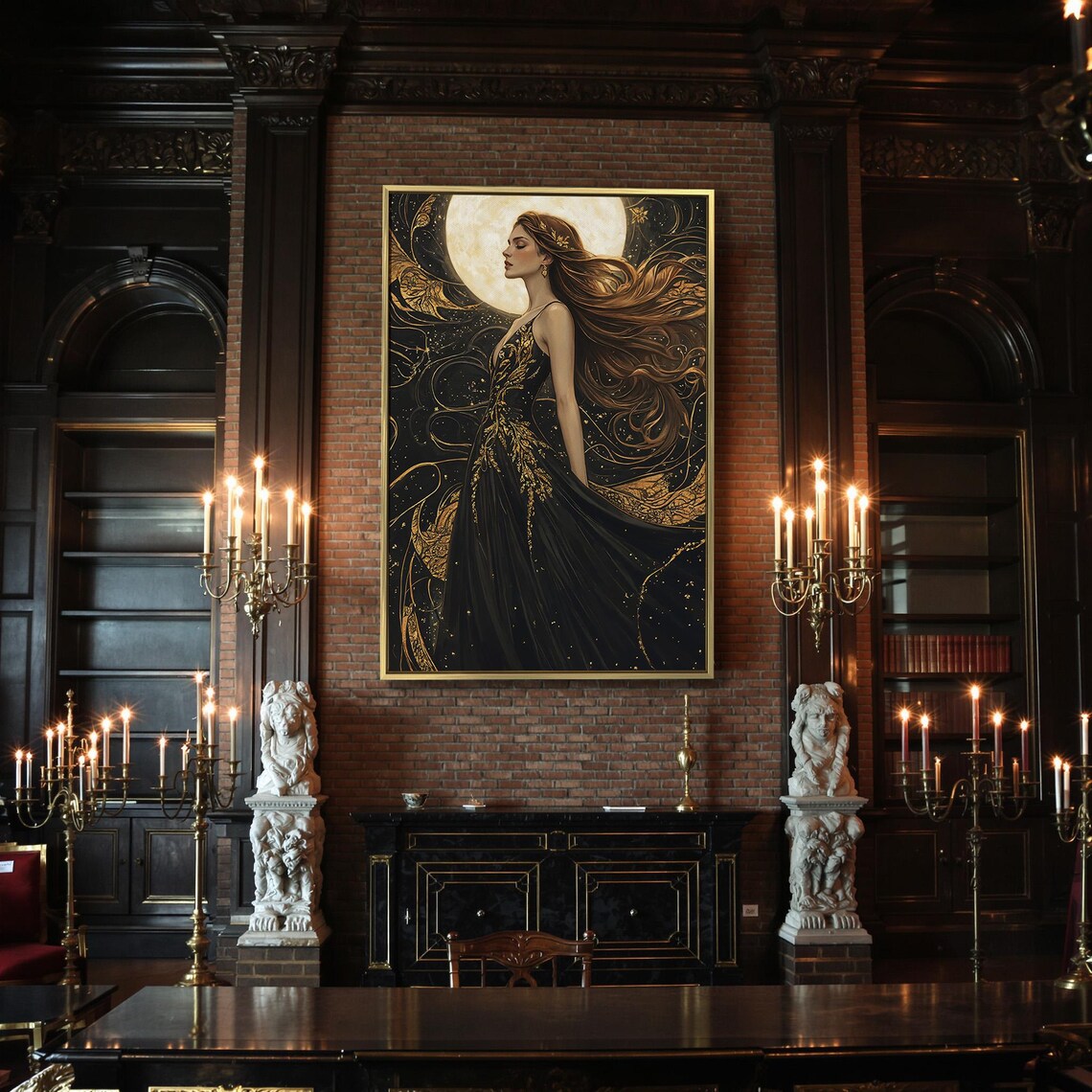 Celestial Woman Full Moon Halo Flowing Auburn Hair Black Gold Gothic Wall Art - Image 2