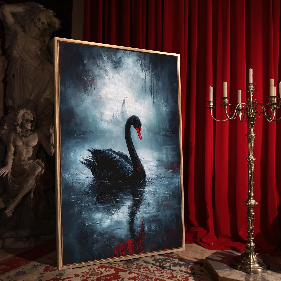 Black Swan On Misty Lake With Red Accents Gothic Dramatic Poster - Image 4
