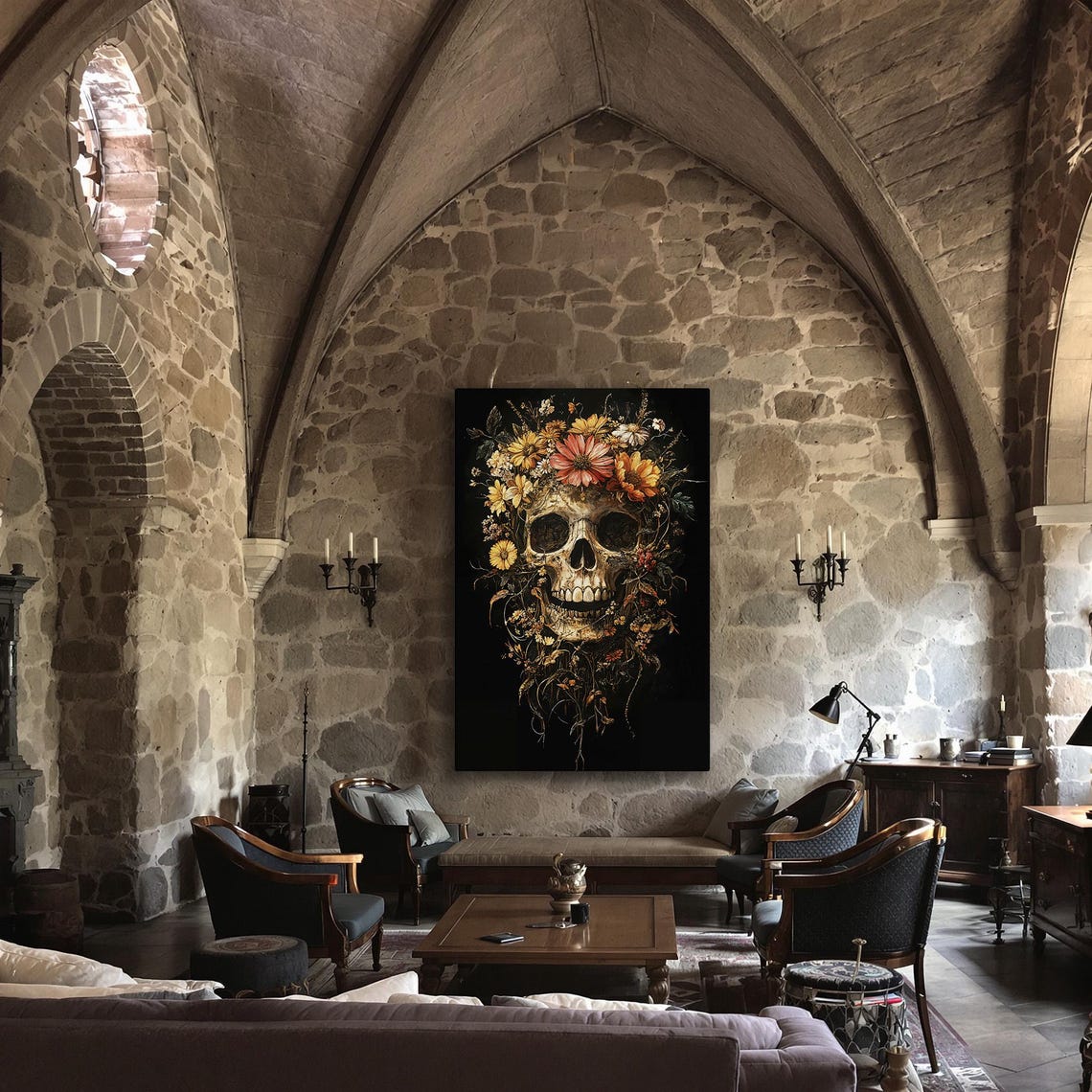 Floral Skull Crowned With Golden Yellow Wildflowers Dark Art Poster - Image 3