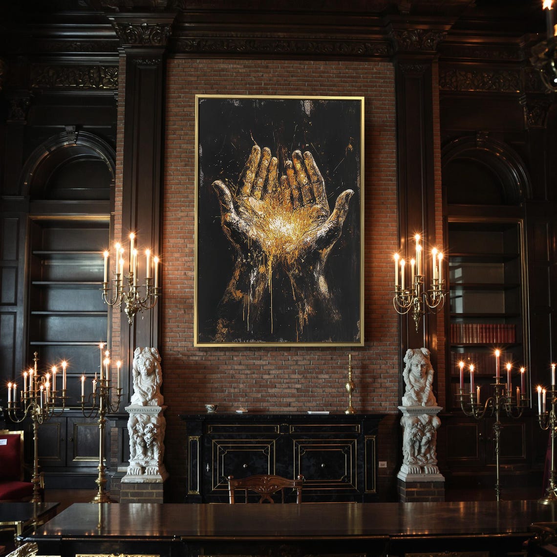 Golden Open Hands Reaching Up Dark Expressive Abstract Art Poster - Image 2