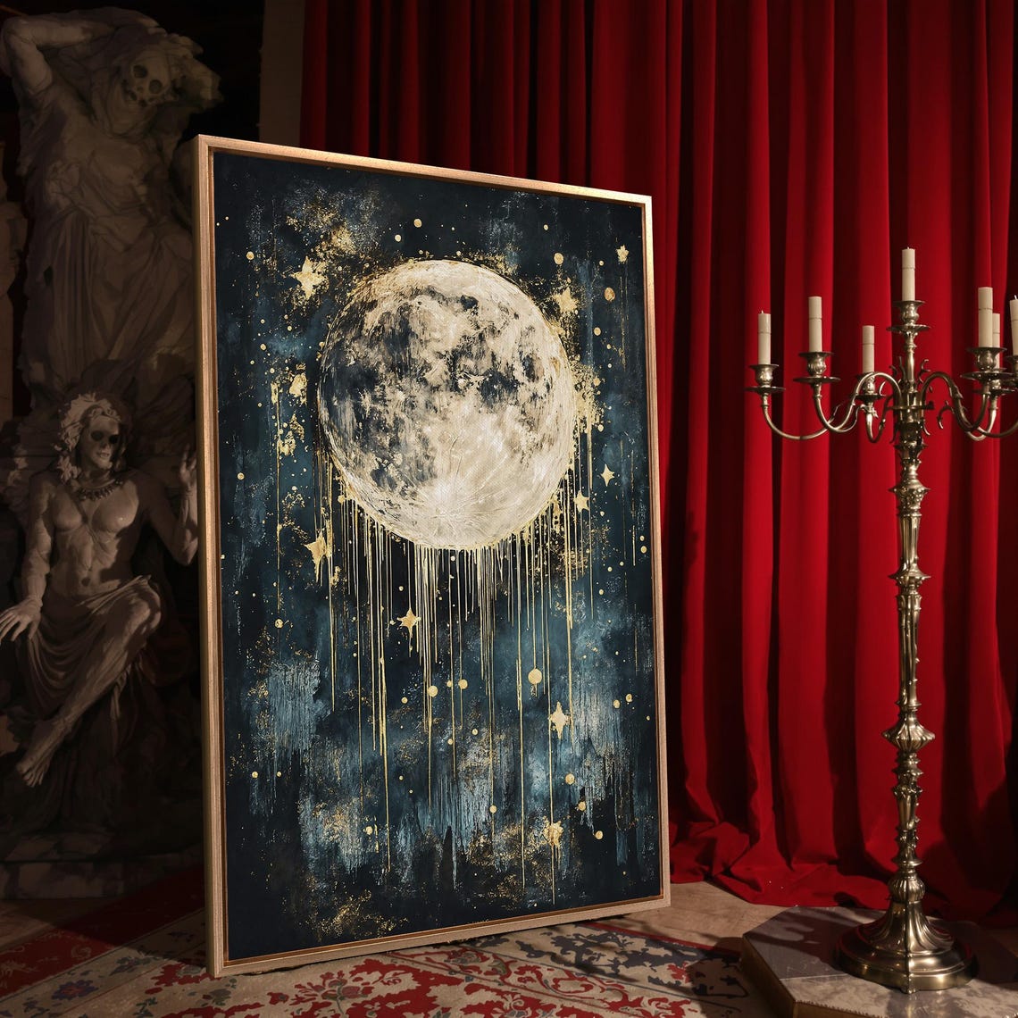 Surreal Dripping Full Moon Gold Stars Abstract Night Sky Poster - Image 4