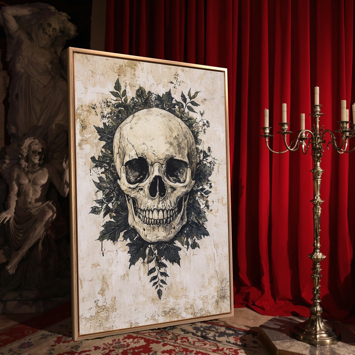 Gothic Skull Dark Leaves Memento Mori Vintage Style Spooky Botanical Wall Poster - Image 4