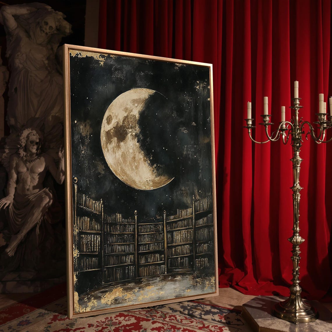 Half Moon Over Grand Library Tall Bookshelves Night Sky Poster - Image 4