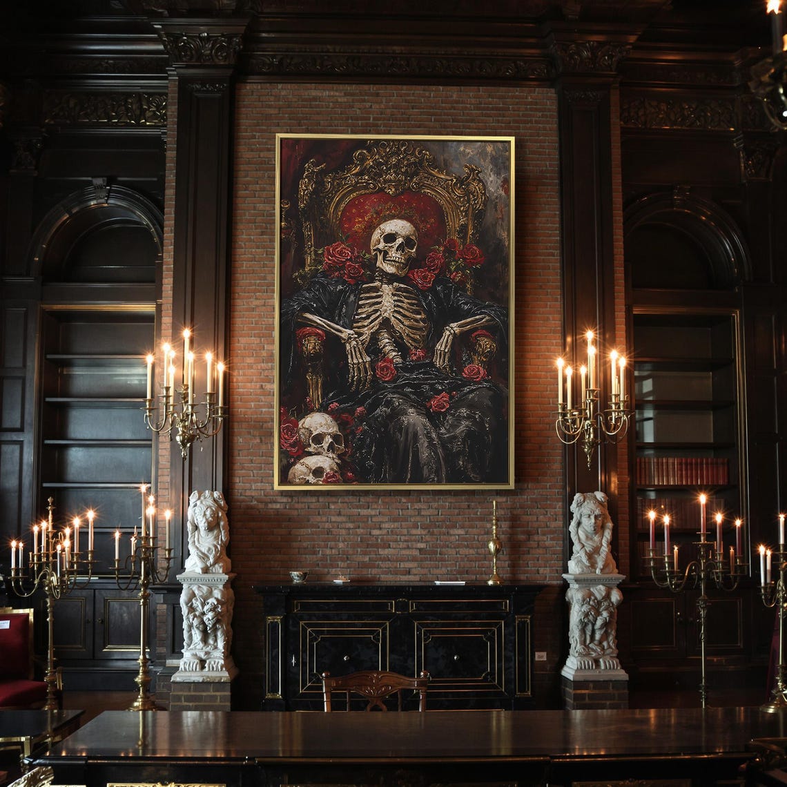 Gothic Skeleton On Golden Throne With Red Roses And Skulls Dark Poster - Image 2