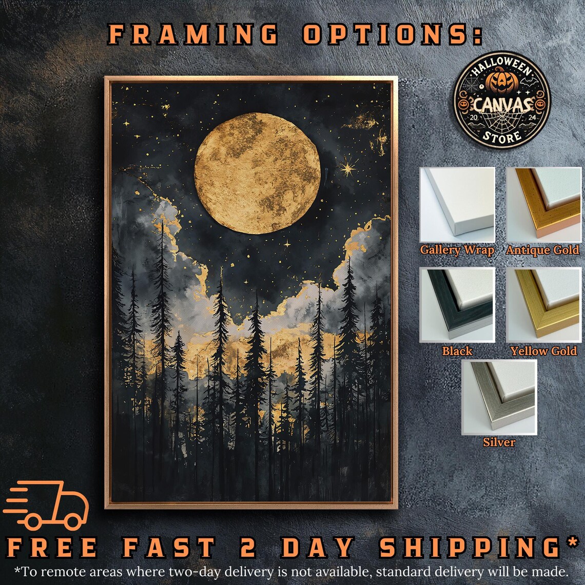 Golden Full Moon Tall Pine Forest Starry Night Dark Clouds Mystical Wall Poster - Image 4