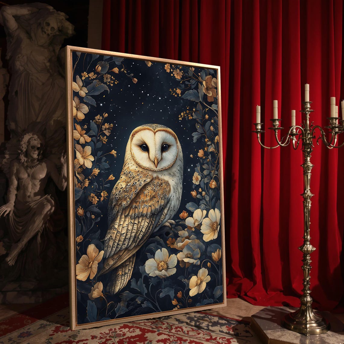 Barn Owl Among Night Blooms Dark Moonlit Starry Botanical Art Poster - Image 4