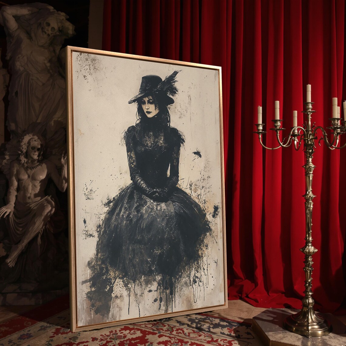 Gothic Victorian Woman In Black Dress And Feather Hat Ink Splatter Poster - Image 4