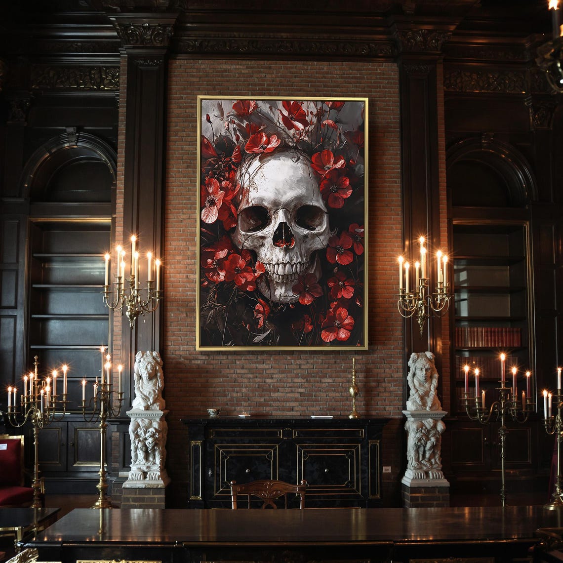 White Skull Surrounded by Red Poppies Dark Floral Macabre Poster - Image 2