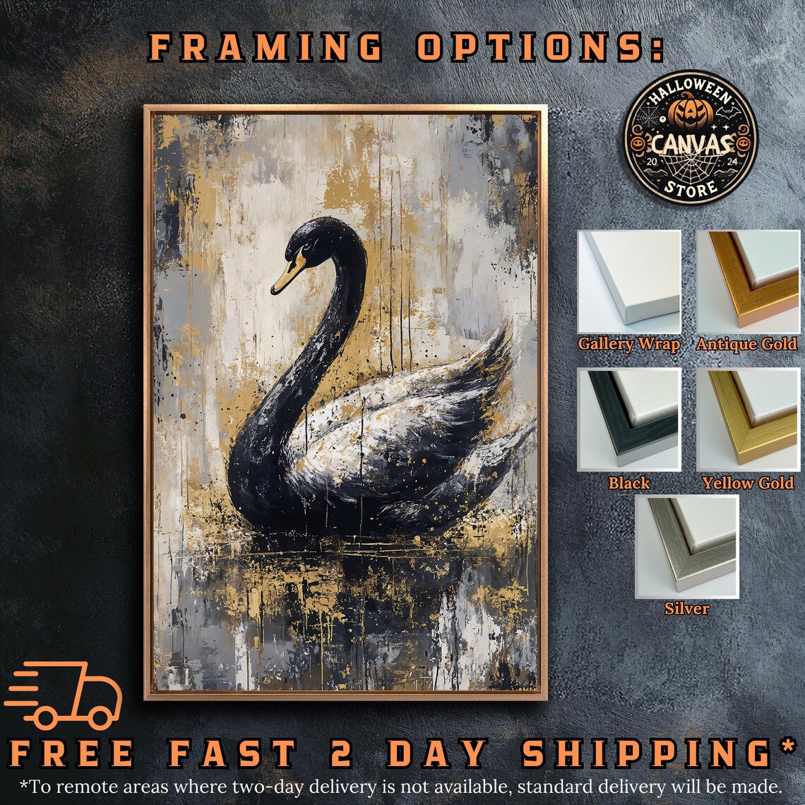 Abstract Black Swan With Curved Neck On White Gold Splattered Art Poster - Image 5