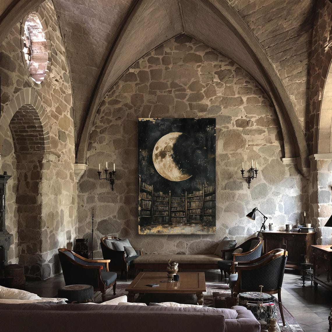 Bookcase Under Moon Framed Wall Art Vintage Great Library Painting Print Gothic Celestial Decor Dark Academic Poster Ready To Hang - Image 3