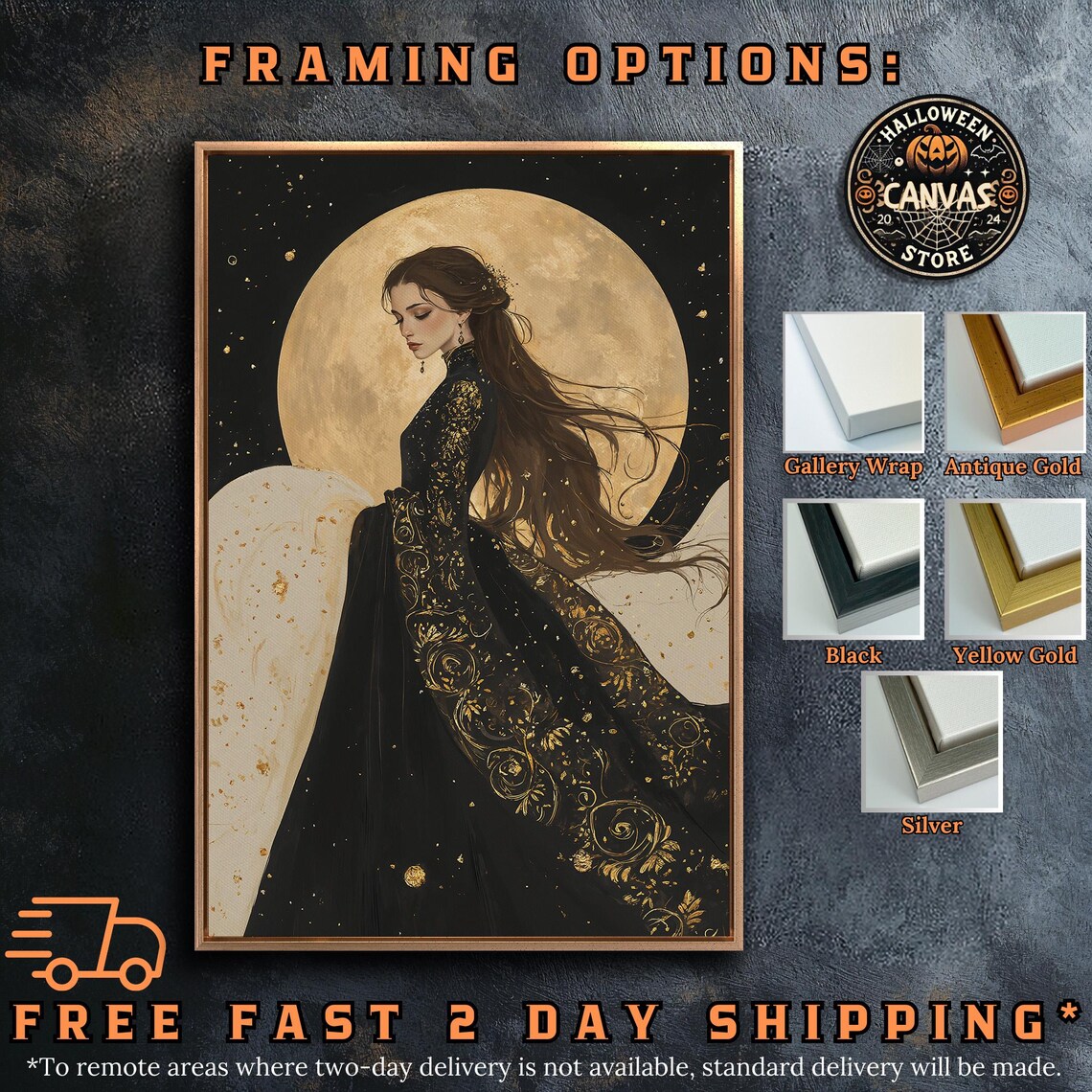 Woman Golden Full Moon Black Gown Flowing Hair Dark Celestial Romance Poster - Image 5