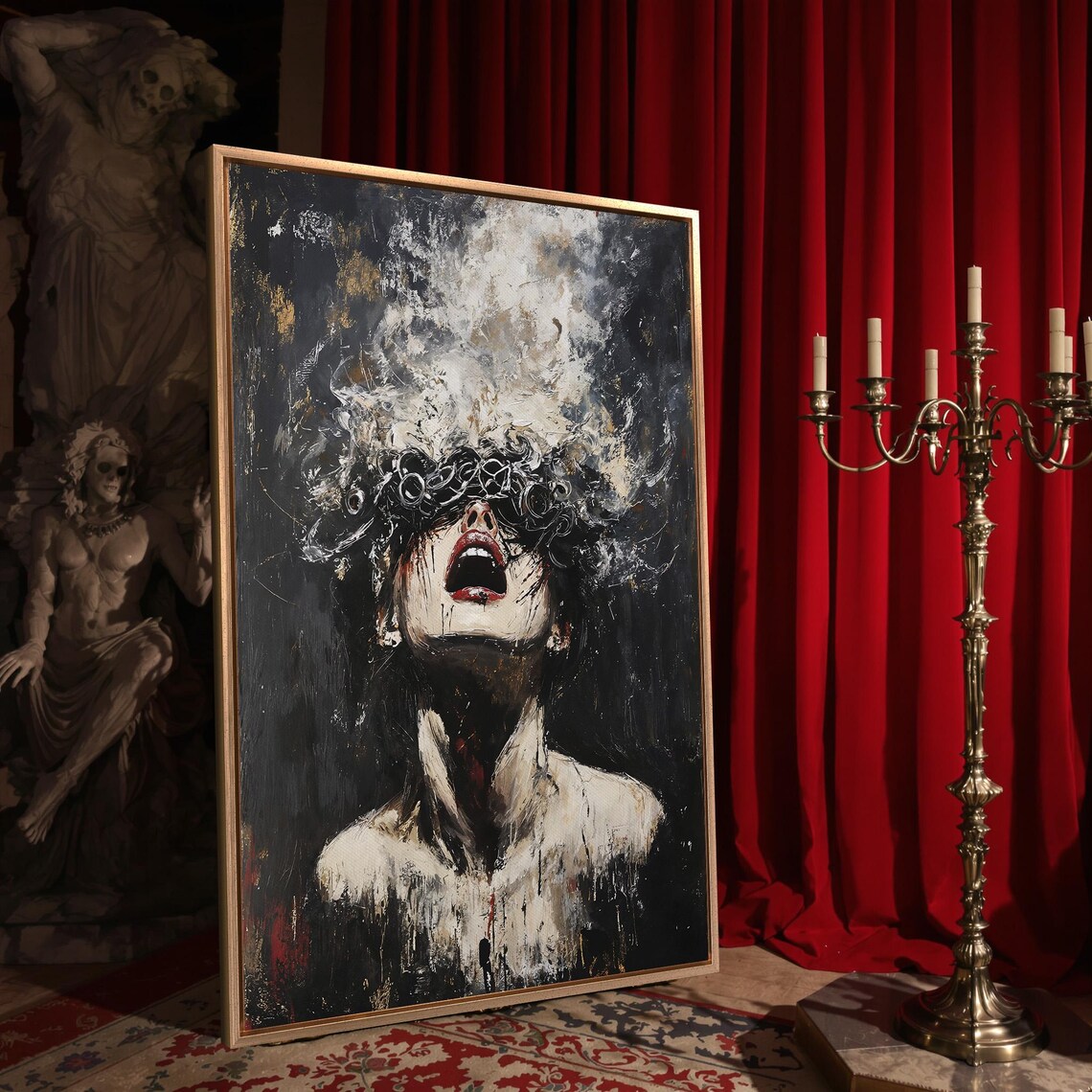 Screaming Woman With Dark Floral Crown White Splatter Chaotic Art Poster - Image 4