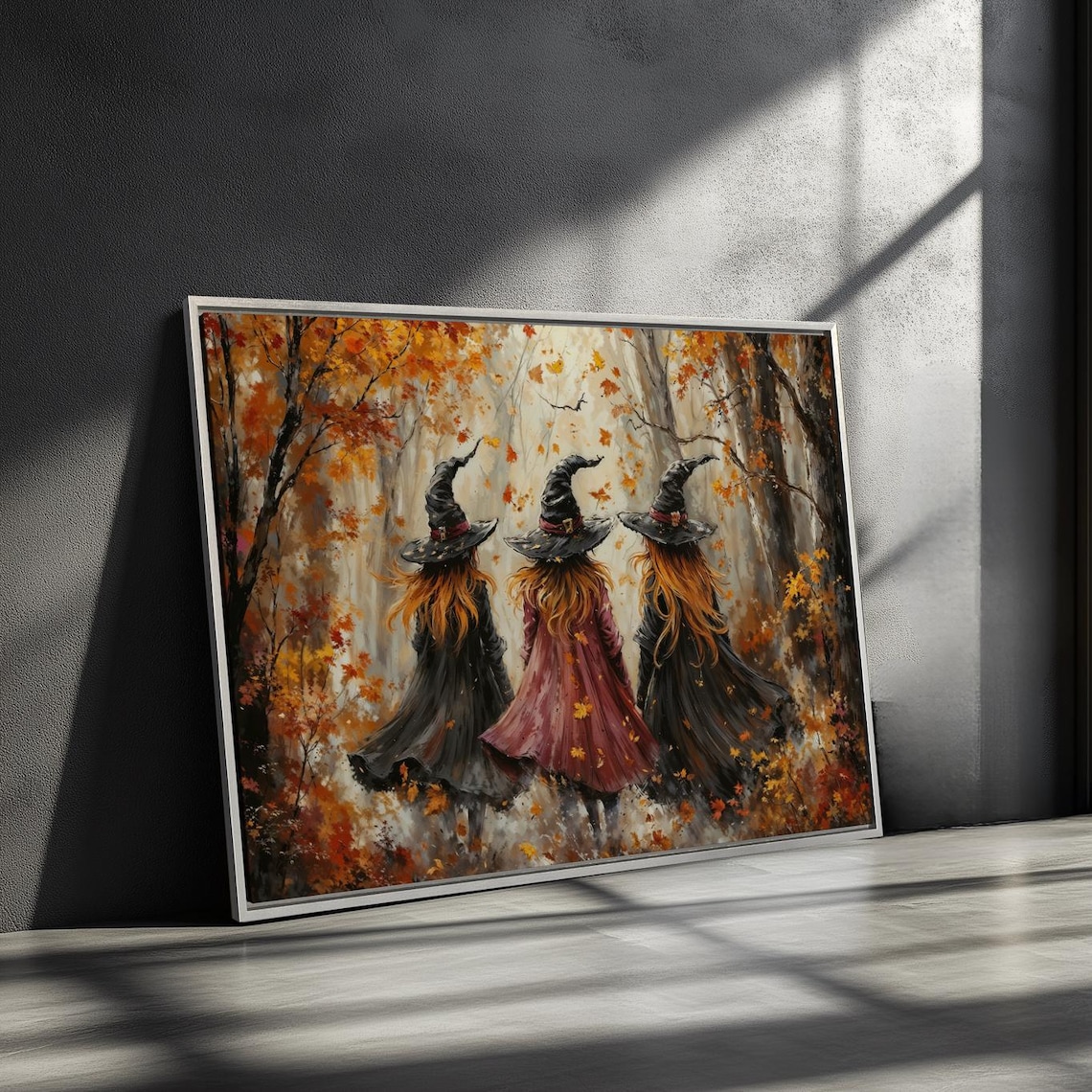 Three Witches Walking Autumn Forest Orange Leaves Witchy Halloween Wall Poster - Image 3