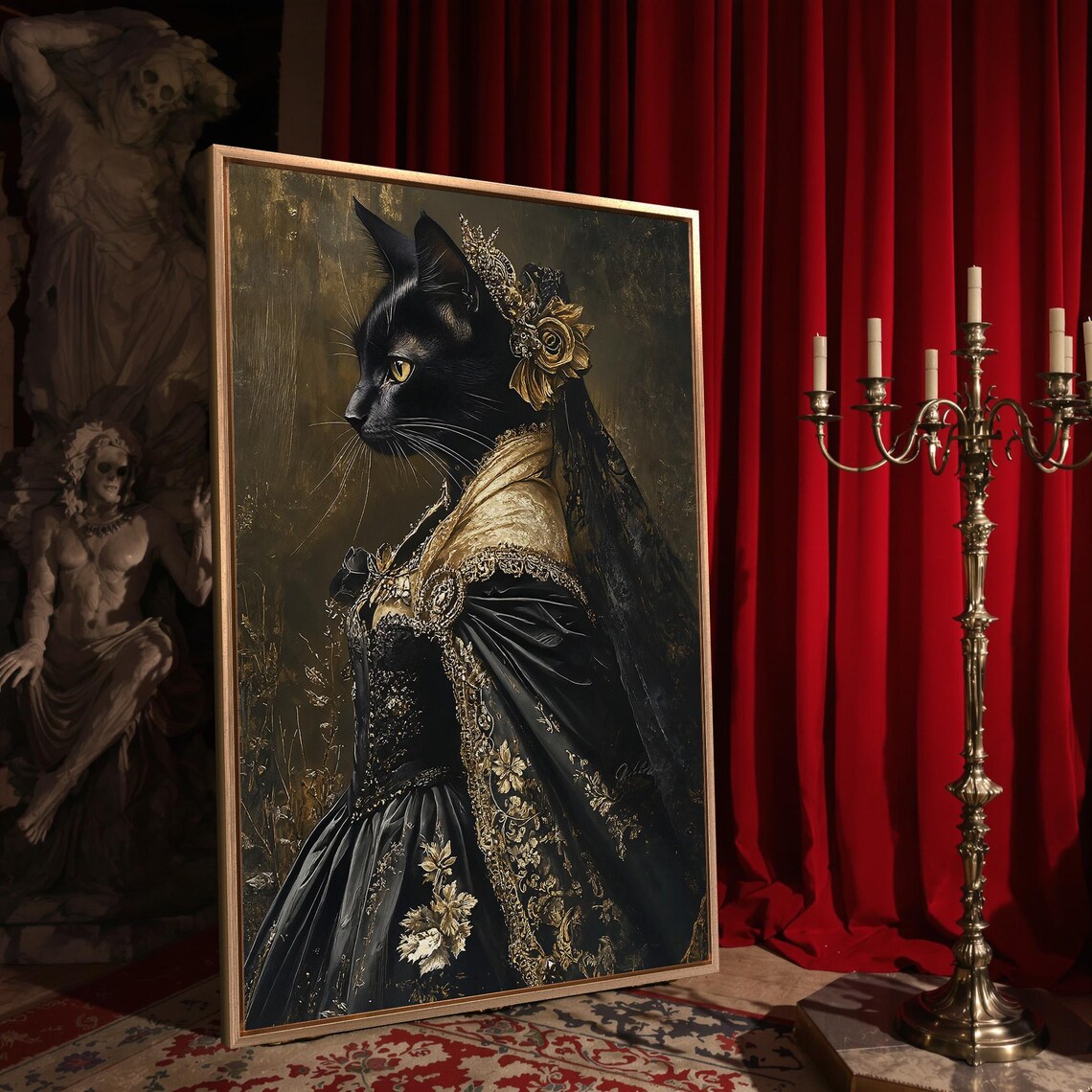 Victorian Black Cat In Gothic Dress Golden Rose Elegant Art Poster - Image 4