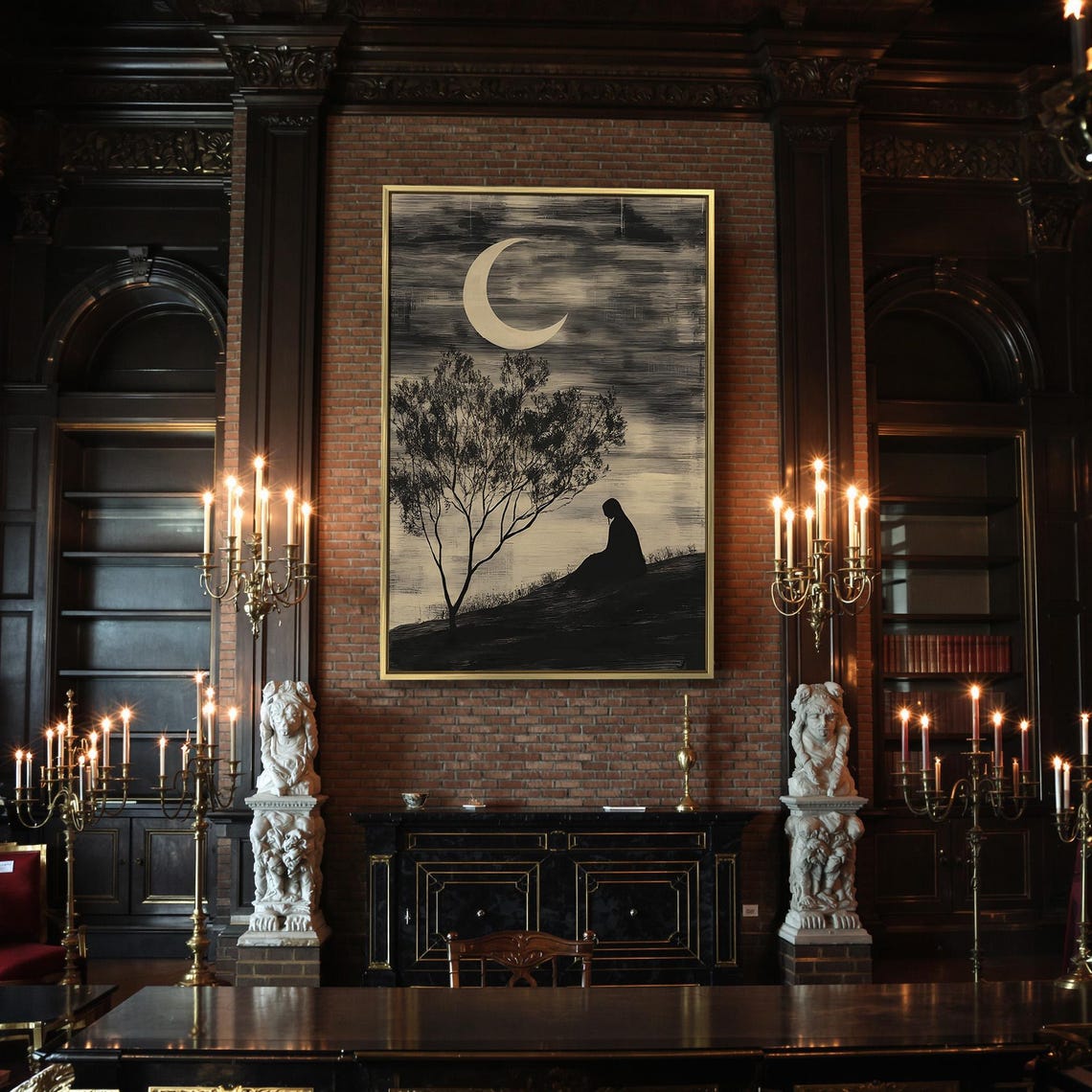 Seated Woman Silhouette Under Crescent Moon Sepia Night Art Poster - Image 2