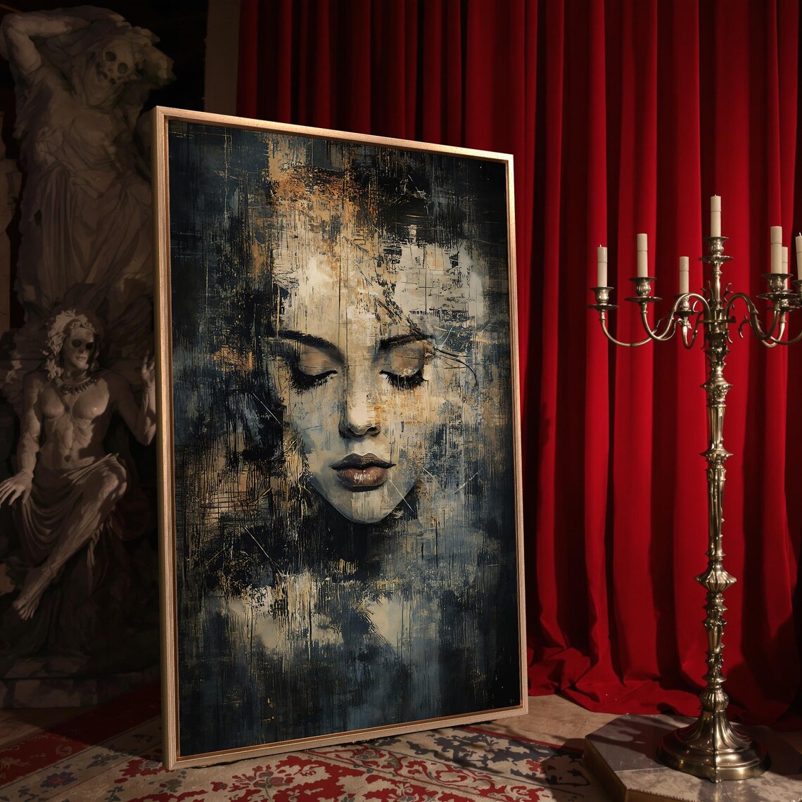 Mysterious Woman Face With Closed Eyes Textured Dark Gold Abstract Poster - Image 4