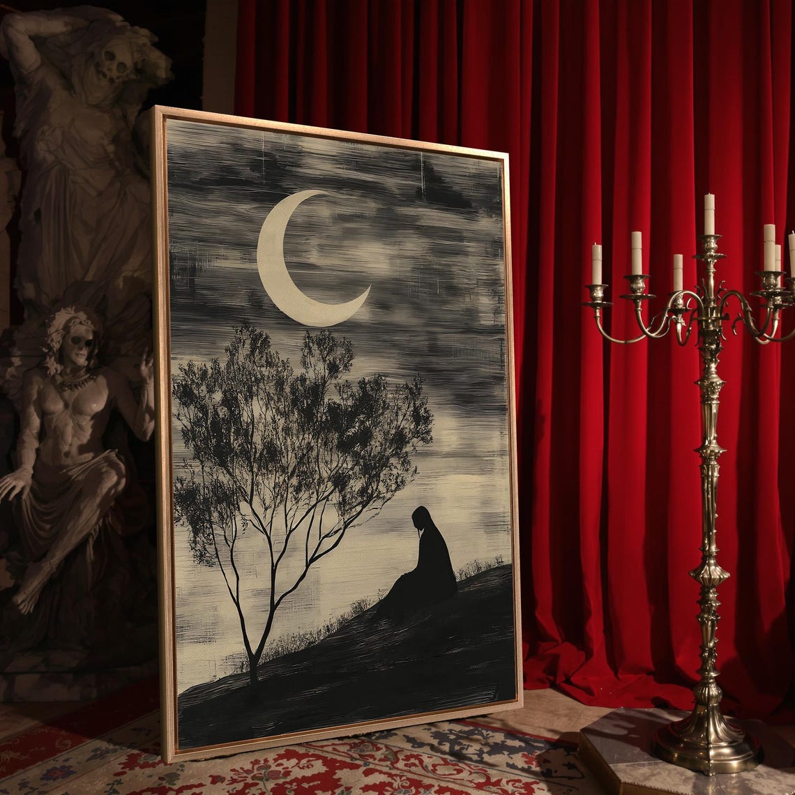 Seated Woman Silhouette Under Crescent Moon Sepia Night Art Poster - Image 4
