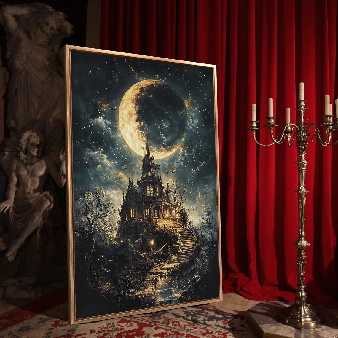 Gothic Castle Under Crescent Moon Starry Night Fantasy Art Poster - Image 4