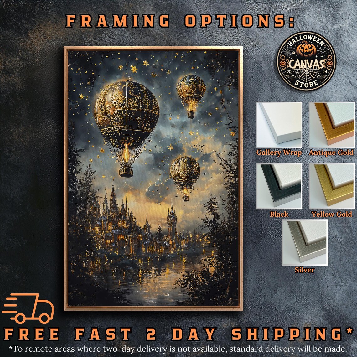 Golden Steampunk Hot Air Balloons Over Medieval City Starry Night Poster - Image 5