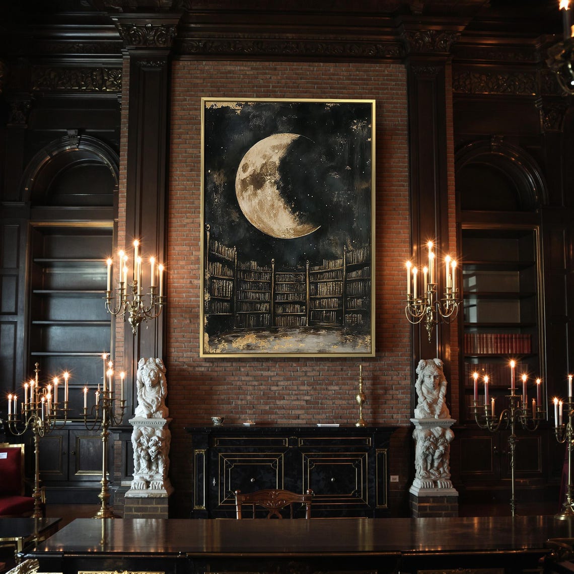 Bookcase Under Moon Framed Wall Art Vintage Great Library Painting Print Gothic Celestial Decor Dark Academic Poster Ready To Hang - Image 2