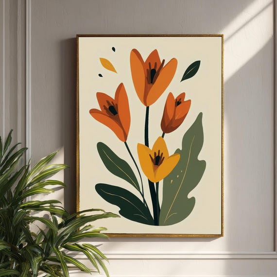 Abstract Tulip Flower Art Modern Orange Floral Print Wall Botanical Illustration Stylized Home Decor