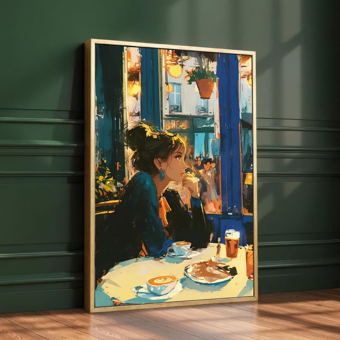 Window Reflections Cafe Woman Evening Coffee Blue Hour Poster