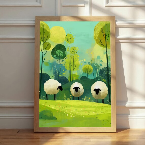 Whimsical Sheep Meadow Wall Art Peaceful Farm Animal Nursery Print Green Landscape Modern Decor