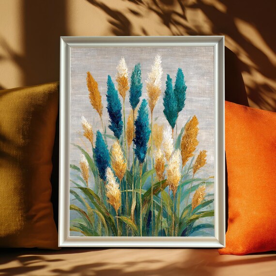 Abstract Reed Grass Wall Art Print Wood Frame Vibrant Boho Home Decor