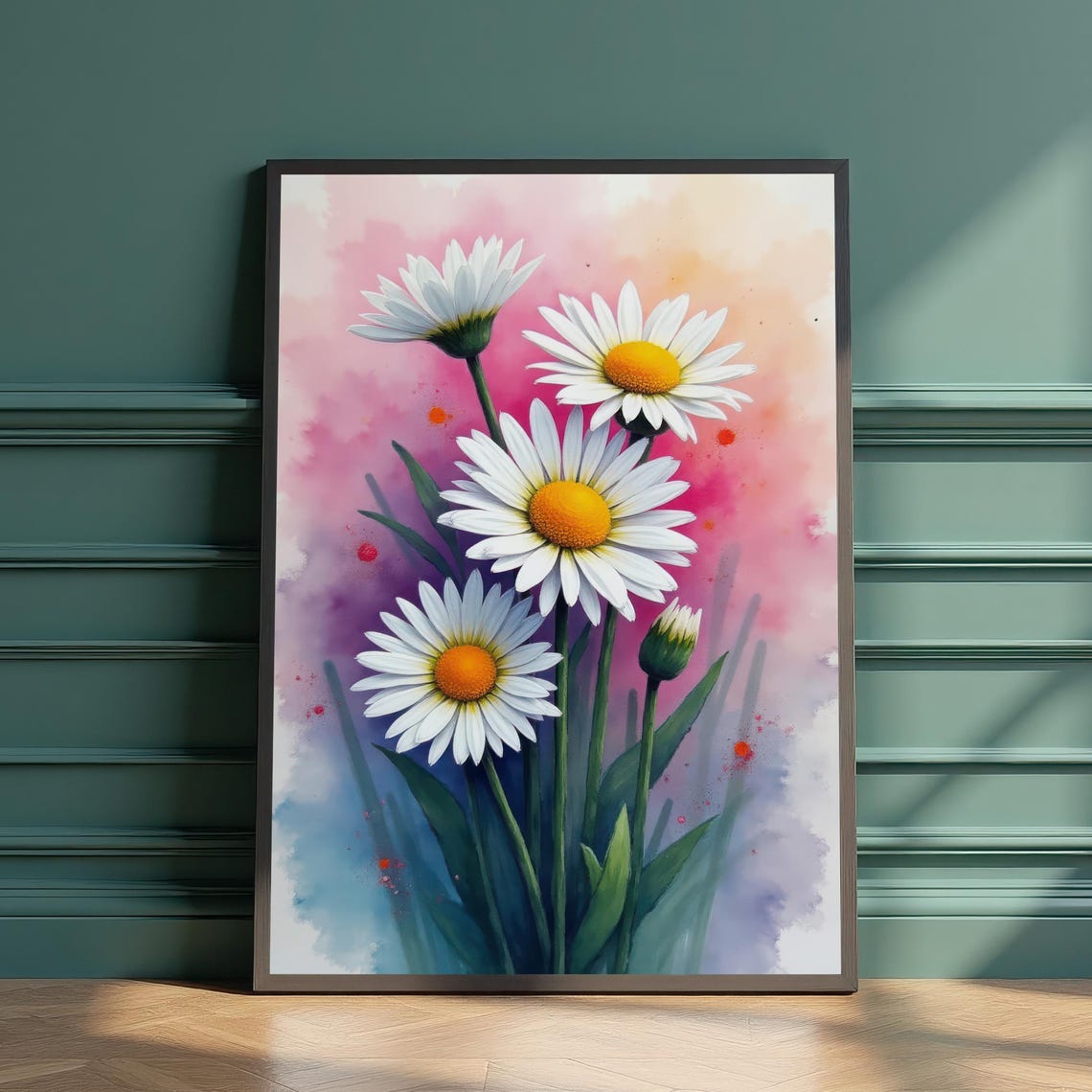 Vibrant White Daisies Blooming On Pink Watercolor Background Poster